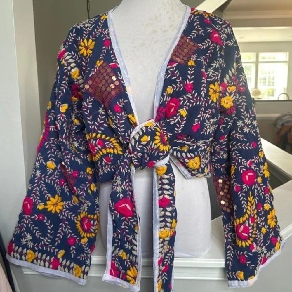 Embroidered Floral Bolero Jacket Navy Blue Gold Wrap Boho Festival Renaissance